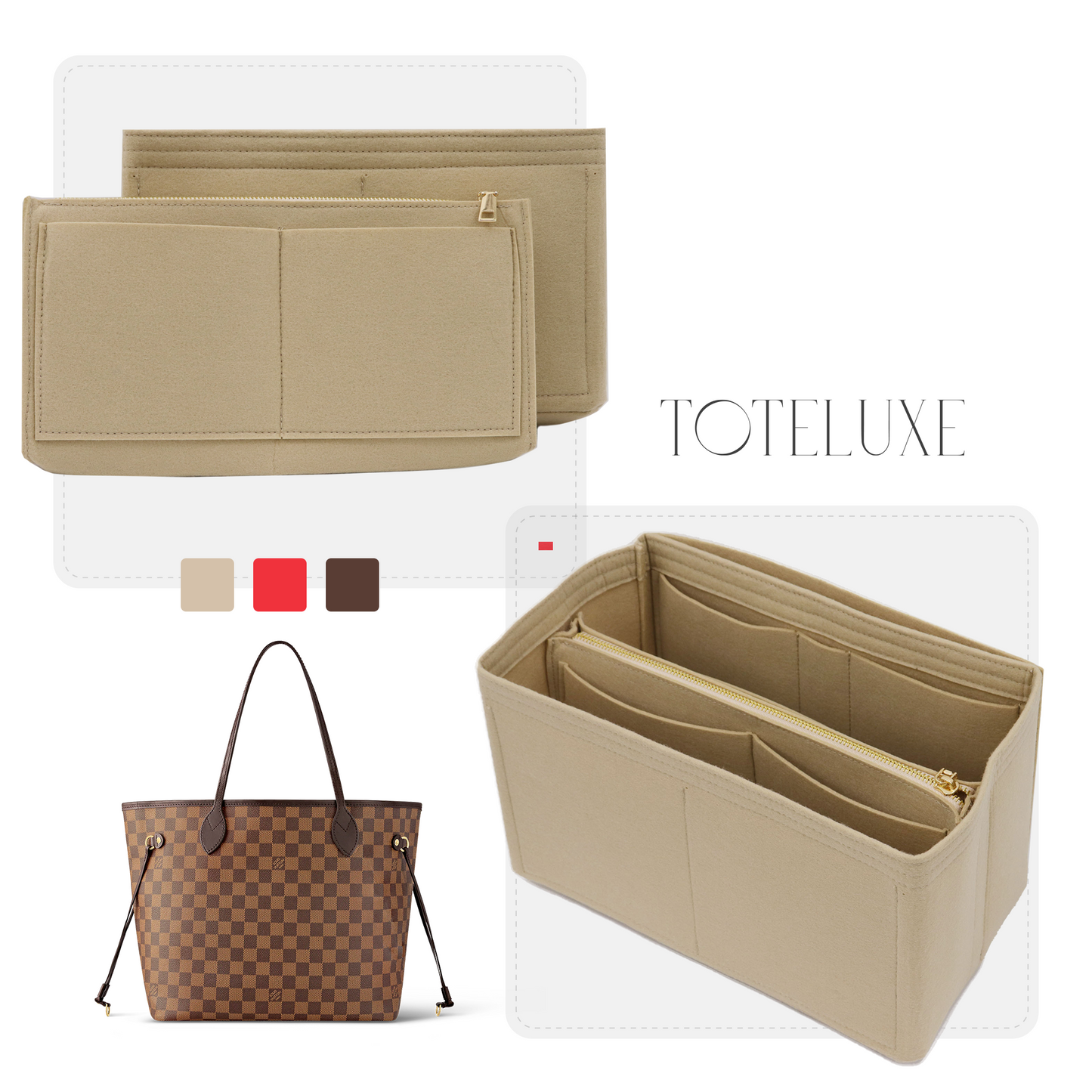 Toteluxe - Louis Vuitton Neverfull MM Bag Organizer Insert - Beige Cherry Brown