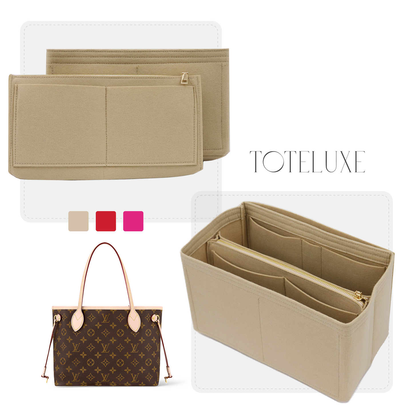 Toteluxe - Louis Vuitton Neverfull PM Bag Organizer Insert - Beige Cherry Pivoine